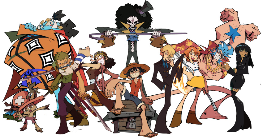 2girls, absurdres, afro, black_hair, black_suit, blonde_hair, brook_(one_piece), cane