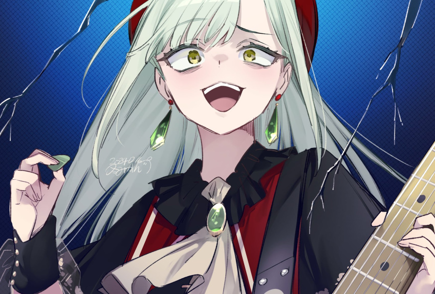1girl, ascot, bang_dream!, bang_dream!_it's_mygo!!!!!, blue_background, commentary_request, earrings, electric_guitar