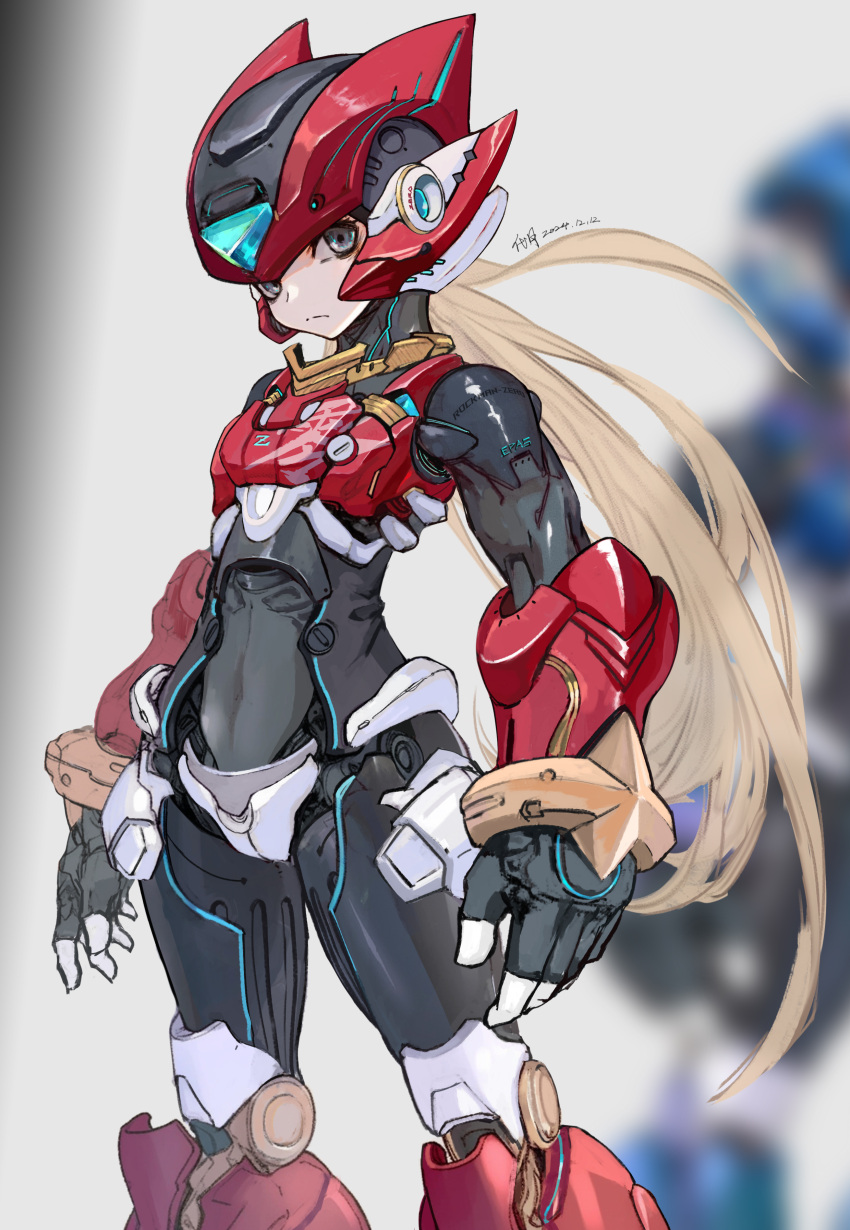 2boys, absurdres, android, armor, black_eyes, blonde_hair, blurry, blurry_background