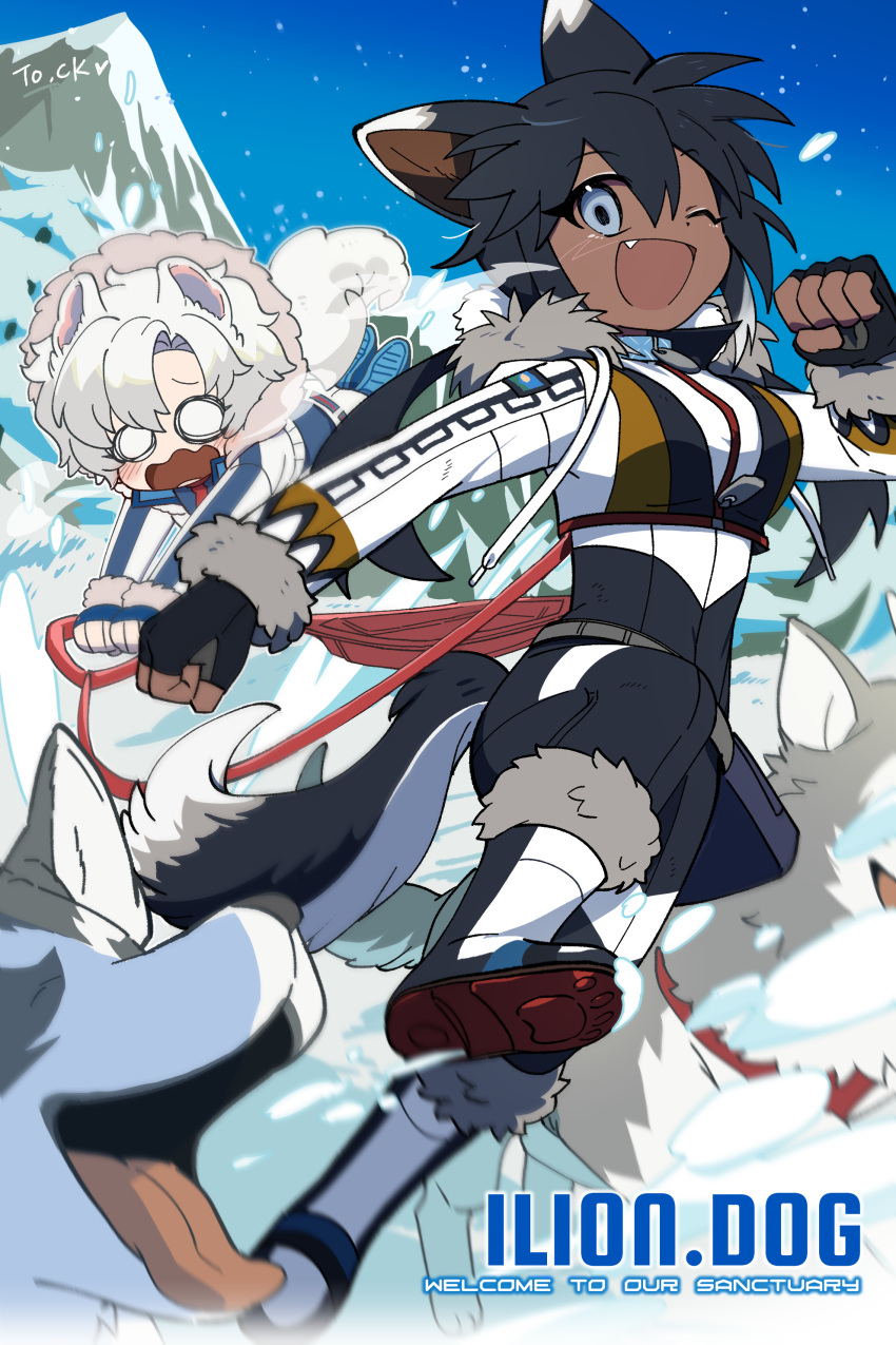 2girls, absurdres, animal, animal_ears, black_gloves, black_hair, black_pants, breasts