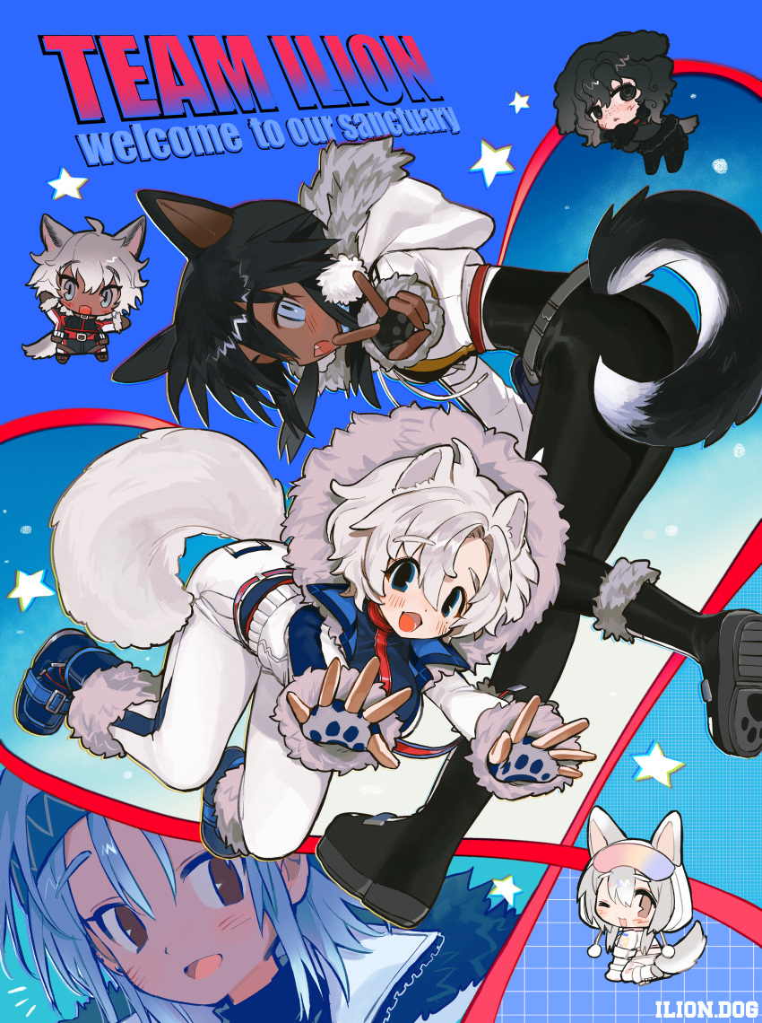 6+girls, absurdres, animal_ears, black_hair, blue_background, blush, bonnie_(ilion), character_request