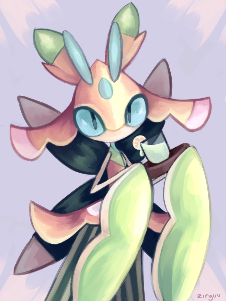 1girl, antennae, arthropod_girl, arthropod_limbs, blue_background, colored_skin, cup, furry, furry_female, green_eyes, green_skin, highres, holding, holding_cup, lemonade, looking_at_viewer, lurantis, mantis_girl, multicolored_skin, no_mouth, pokemon, pokemon_(creature), praying_mantis, simple_background, solo, standing, upper_body, white_skin, ziryuu