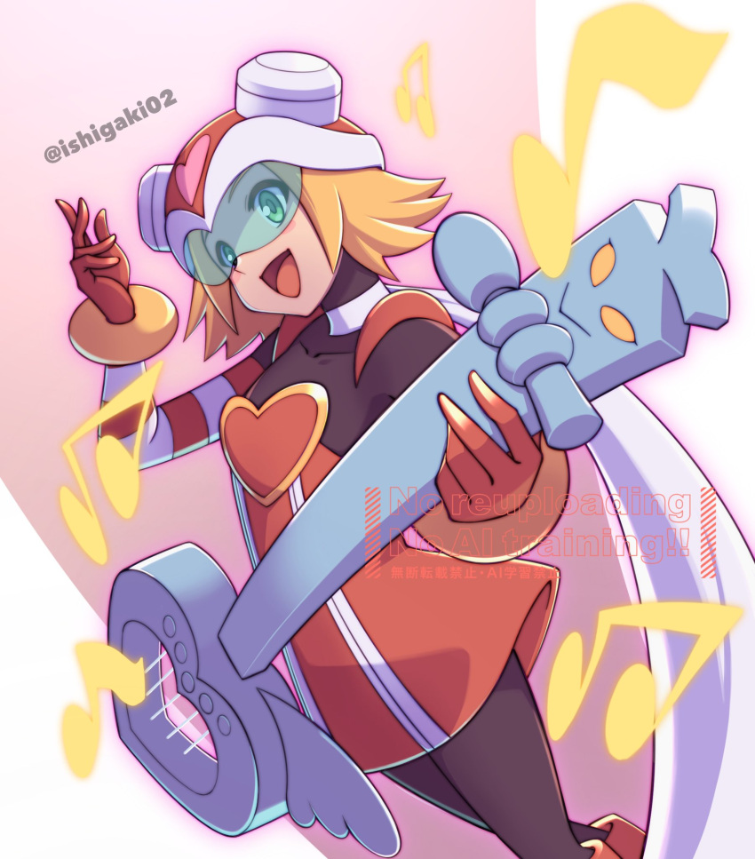 1girl, black_bodysuit, blonde_hair, bodysuit, cowboy_shot, dress, green_eyes, guitar