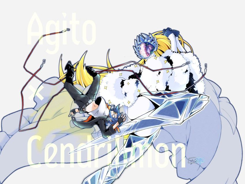 1boy, 1girl, absurdres, black_jacket, black_pants, blonde_hair, blue_hair, cendrillmon