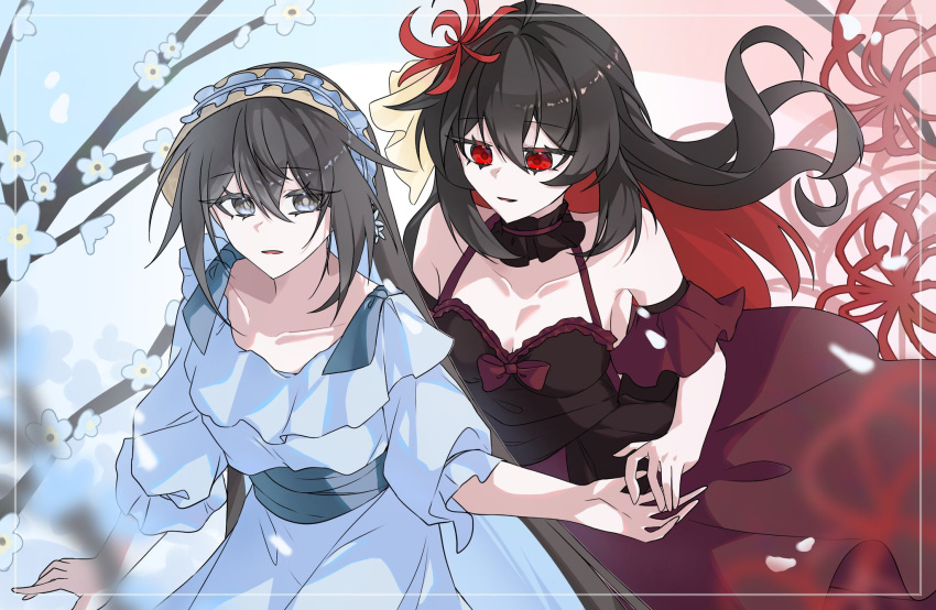 2girls, alternate_costume, black_choker, black_dress, black_hair, blue_dress, blue_hair, blue_headdress