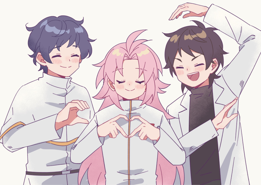 3boys, 4-finger_heart_hands, absurdres, antenna_hair, arm_up, belt, black_belt, black_hair