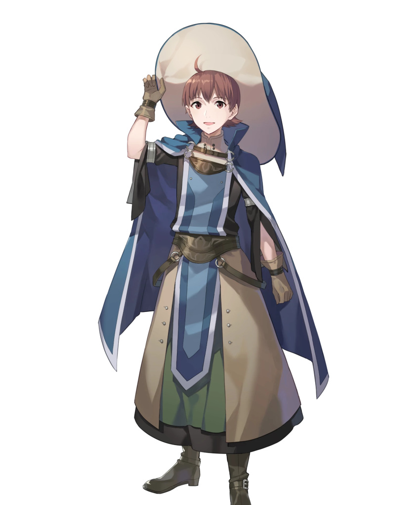 1boy, ahoge, boots, brown_eyes, brown_hair, cloak, eihi, fire_emblem