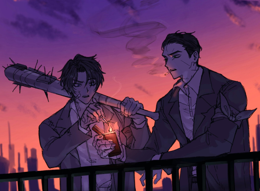 2boys, armband, balcony, brown_coat, brown_hair, chanil_(muexlku), cigarette, coat