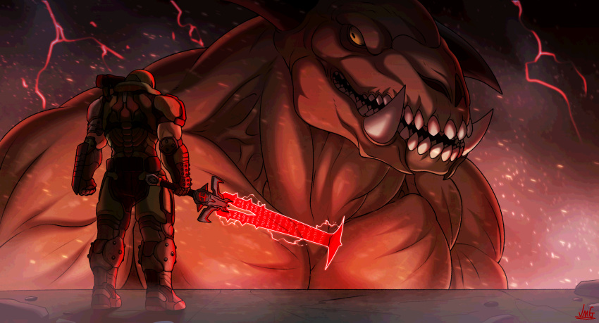 1boy, absurdres, armor, biceps, clenched_hand, colored_sclera, commentary, confrontation