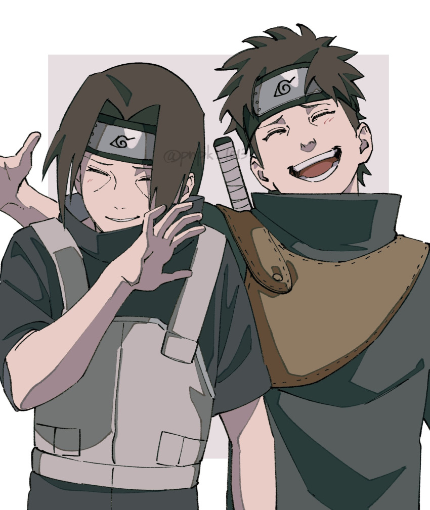 2boys, black_shirt, border, brown_hair, closed_eyes, forehead_protector, grey_vest, highres