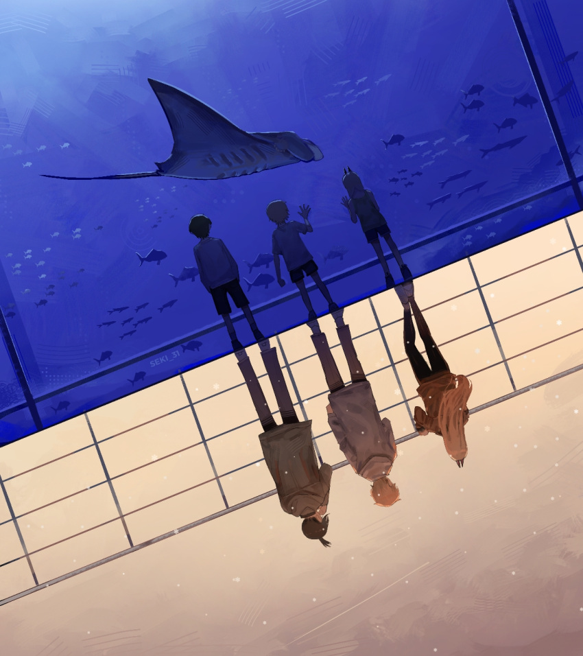 1girl, 2boys, aged_down, aquarium, black_hair, black_pants, blonde_hair, brown_jacket