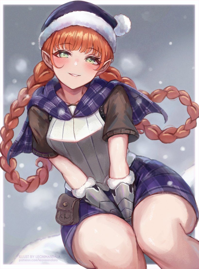 1girl, armor, blush, border, braid, braided_hair_rings, capelet, gauntlets