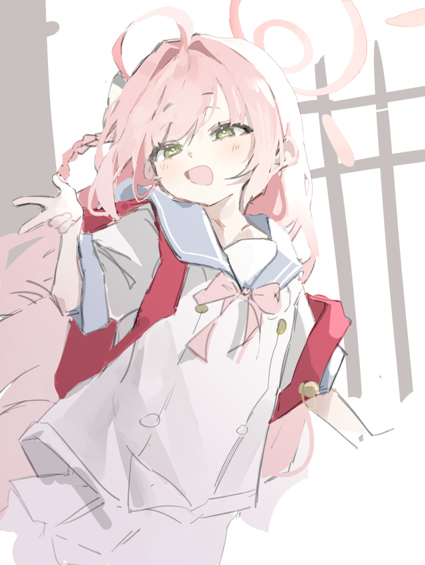 1girl, absurdres, aged_down, ahoge, blue_archive, blue_sailor_collar, bow, bowtie, braid, dress, green_eyes, hairband, halo, hanako_(blue_archive), highres, juice10su, kneehighs, long_hair, pink_bow, pink_bowtie, pink_hair, pink_halo, red_bag, sailor_collar, sailor_dress, sailor_shirt, shirt, side_braids, simple_background, smile, socks, solo, v