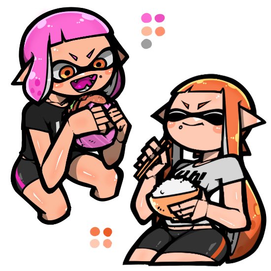 2girls, :d, bike_shorts, black_shirt, black_shorts, bowl, burger, chopsticks