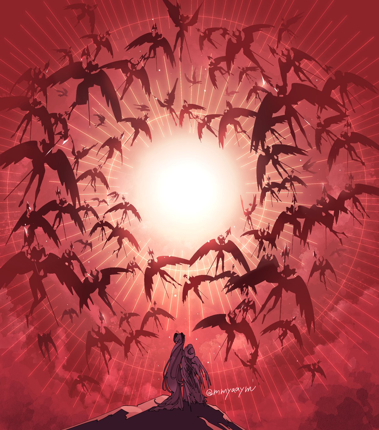 1boy, 1girl, 6+others, couple, demon, demon_boy, demon_girl, demon_horns