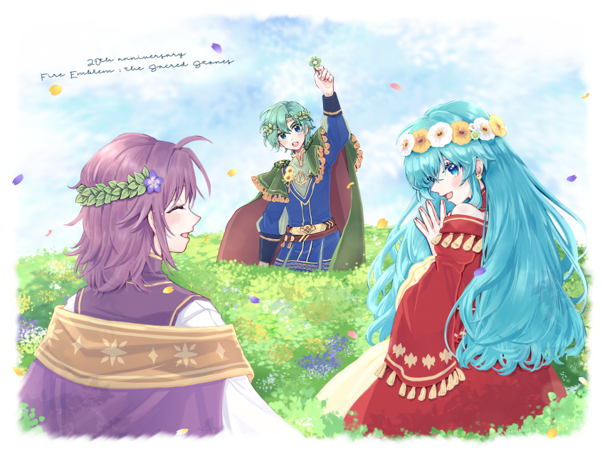 1girl, 2boys, :d, anniversary, aqua_hair, arm_up, belt, blue_eyes