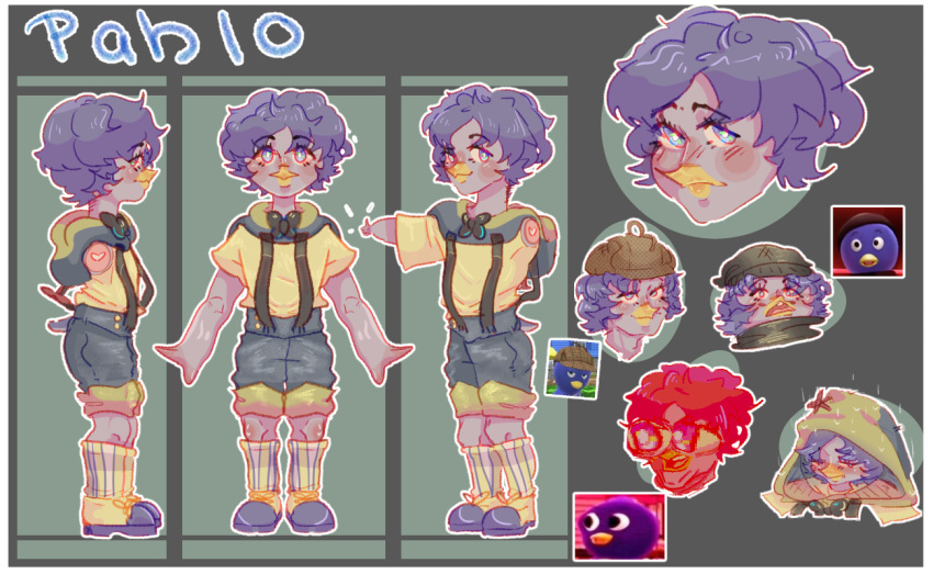 1boy, beak, blue_eyes, blue_hair, character_name, curly_hair, humanization, looking_at_viewer