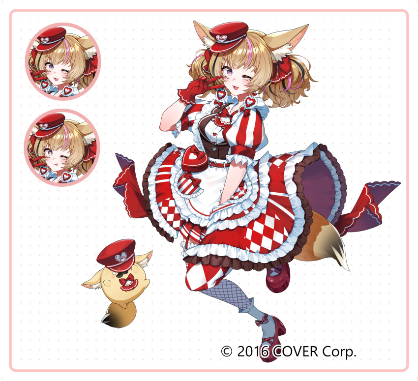 1girl, ;3, ;d, animal_ear_fluff, animal_ears, apron, argyle_clothes, argyle_thighhighs