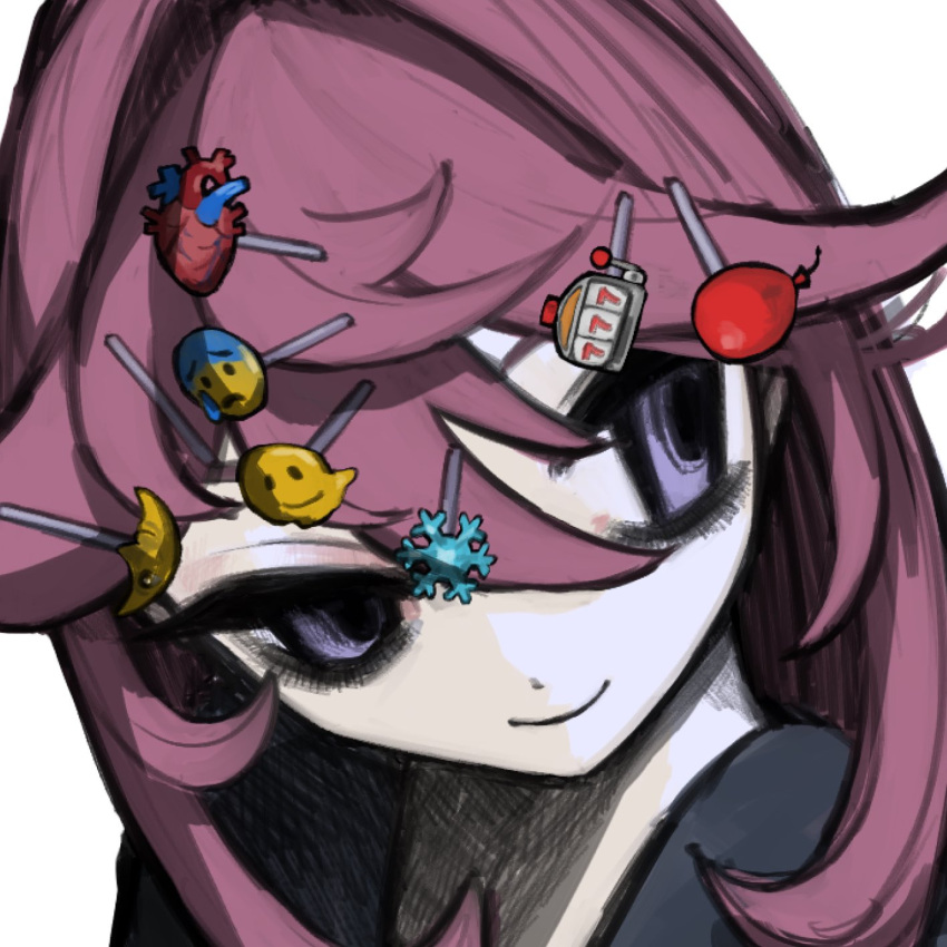 1girl, balloon_hair_ornament, closed_mouth, crescent, crescent_hair_ornament, crescent_moon, cropped, emoji_hair_ornament
