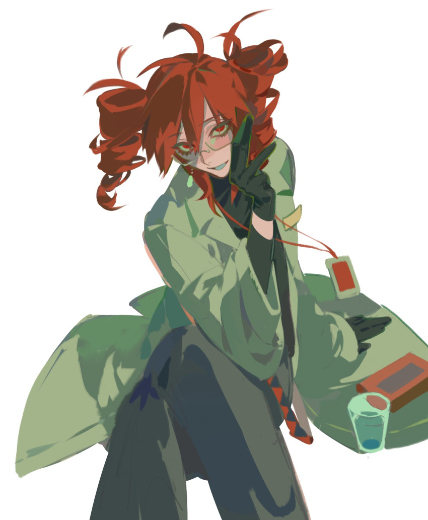 1girl, antenna_hair, arm_rest, black_gloves, black_pants, black_shirt, coat, drill_hair, glasses, gloves, grin, hair_between_eyes, hand_up, highres, id_card, igaku_(utau), invisible_floor, kasane_teto, lanyard, long_sleeves, looking_at_viewer, mr.cockroach, on_floor, open_clothes, open_coat, pants, parted_bangs, red_eyes, shirt, simple_background, sitting, sleeves_past_elbows, smile, solo, twin_drills, utau, white_background, white_coat