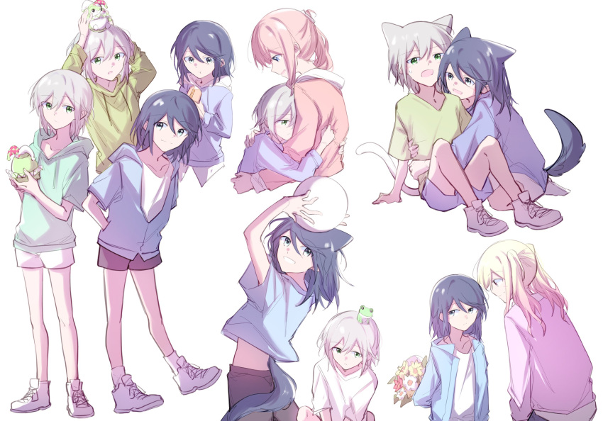 4girls, :t, animal_ears, ball, bare_arms, bare_legs, black_hair, black_pants