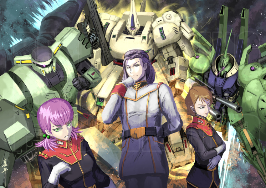 1boy, 2girls, 3d, beam_cannon, beam_rifle, belt, bolinoak_sammahn, brown_hair