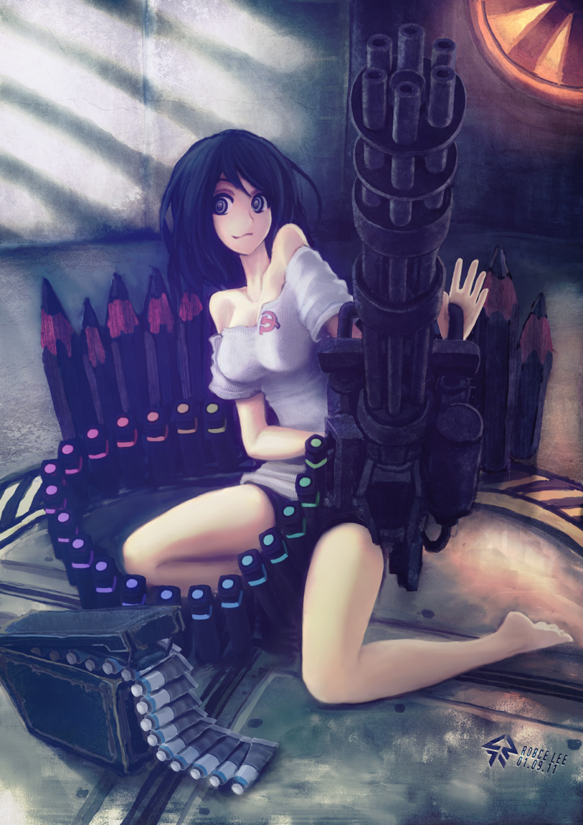 bare_shoulders, barefoot, black_hair, communism, gatling_gun, gun, hammer_and_sickle, highres