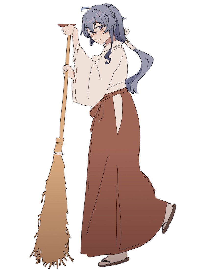 1girl, absurdres, alternate_costume, anotsugini_kuruji, blush, broom, closed_mouth, commentary_request
