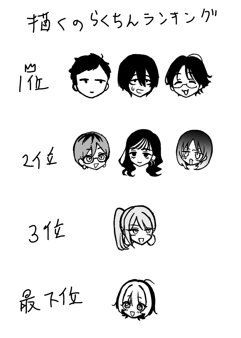 3boys, 5girls, akiyama_enma, character_request, hair_intakes, head_only, highres, jitome