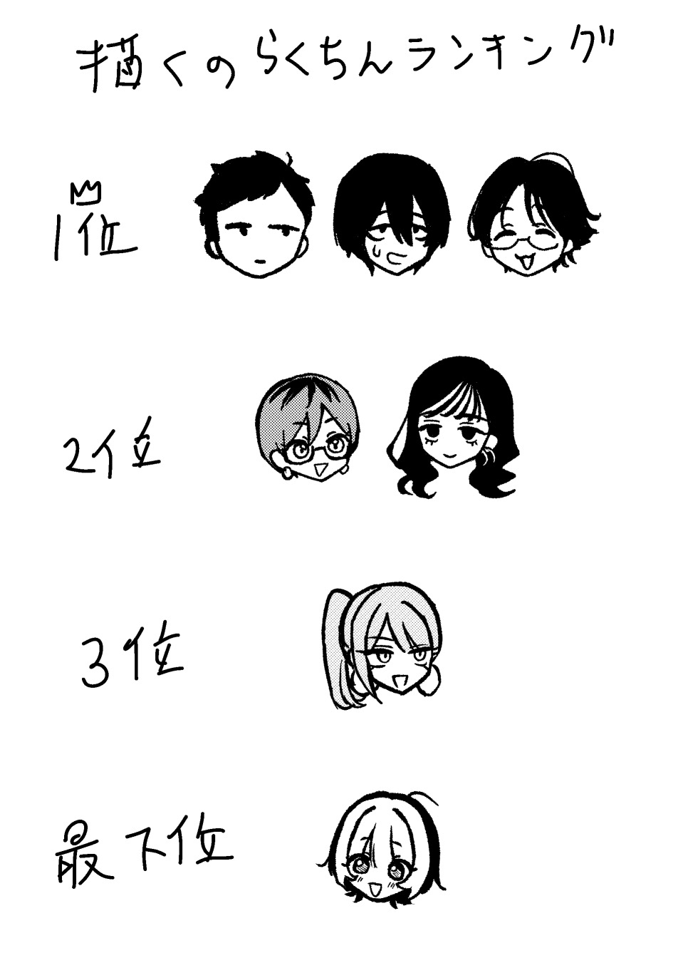 3boys, 4girls, akiyama_enma, character_request, commentary_request, hair_intakes, head_only, highres