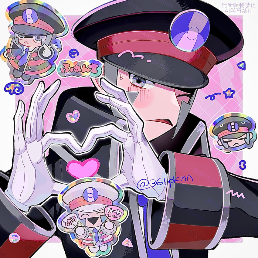 2boys, 361pkmn, black_coat, black_hat, blue_necktie, blush, brothers, chibi, chibi_inset, coat, collared_shirt, doodle_inset, emmet_(pokemon), gloves, hand_fan, hands_up, hat, heart, heart_hands, high_collar, highres, holding, holding_fan, ingo_(pokemon), male_focus, multicolored_coat, multiple_boys, necktie, one_eye_closed, open_clothes, open_coat, peaked_cap, pokemon, pokemon_bw, shirt, siblings, small_sweatdrop, twins, twitter_username, two-tone_coat, white_coat, white_gloves, white_hat, white_shirt