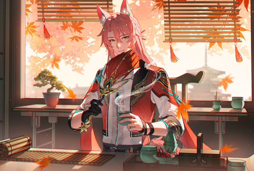 1boy, absurdres, animal_ear_fluff, animal_ears, asymmetrical_gloves, bamboo_screen, belt, black_belt