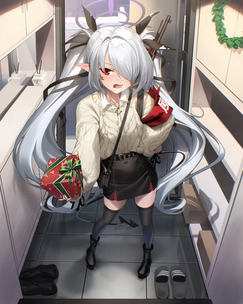 1girl, absurdres, alternate_costume, armband, averting_eyes, bag, black_footwear, black_skirt