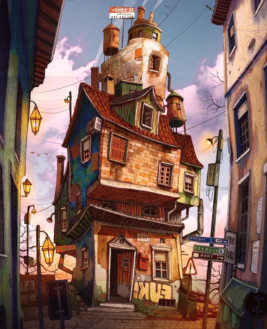 building, chimney, day, door, francisco_fonseca, graffiti, highres, house