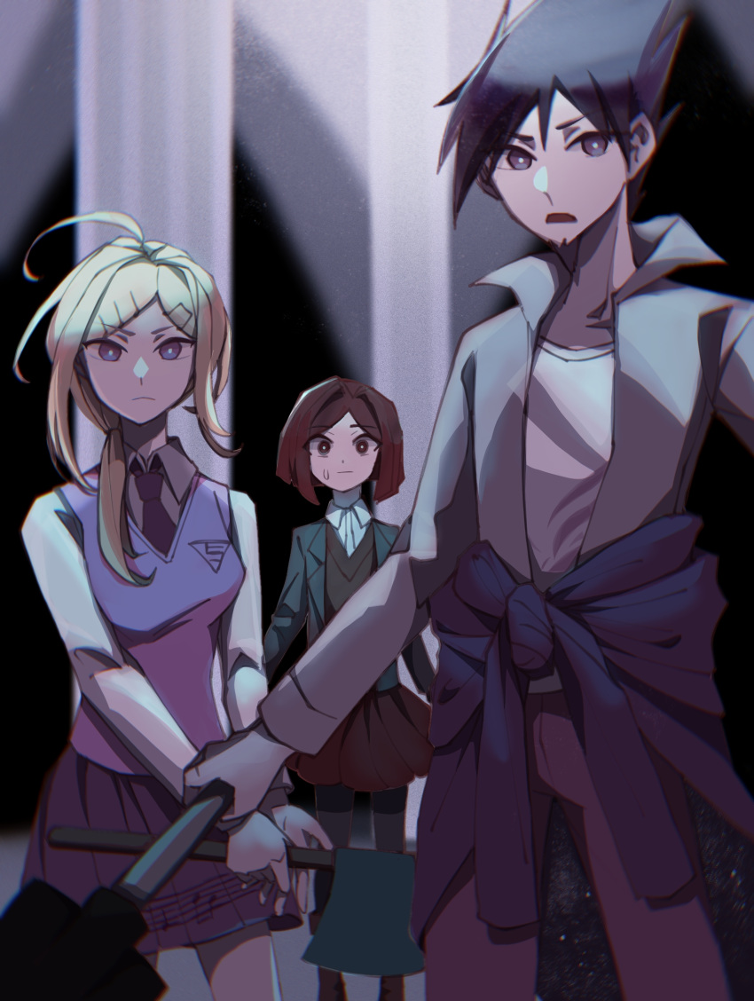 1boy, 2girls, ahoge, akamatsu_kaede, axe, blazer, blonde_hair, bob_cut