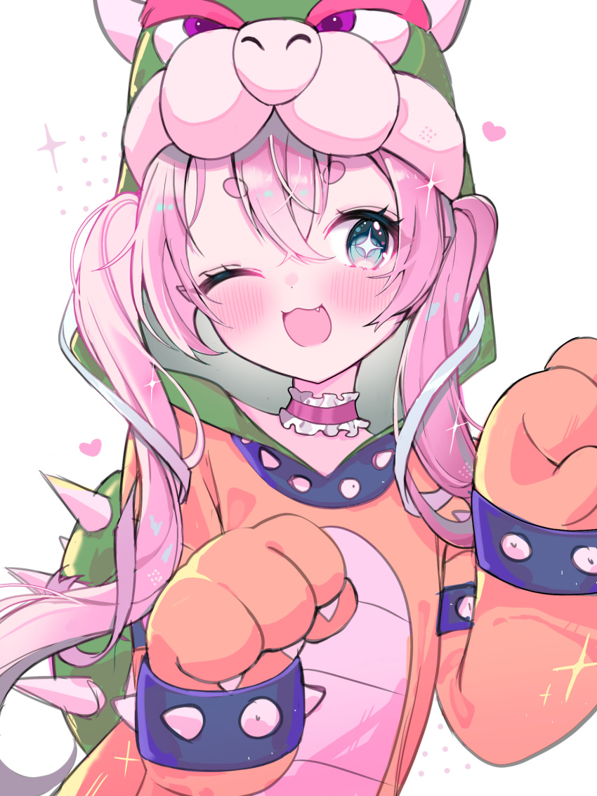 1girl, blue_eyes, blush, bowser, bowser_(cosplay), character_costume, chibidoki_(vtuber), choker, cosplay, demon_girl, fang, frilled_choker, frills, heart, highres, indie_virtual_youtuber, moenaomii_(artist), one_eye_closed, open_mouth, pink_choker, pink_hair, simple_background, solo, super_mario_bros., twintails, virtual_youtuber, white_background