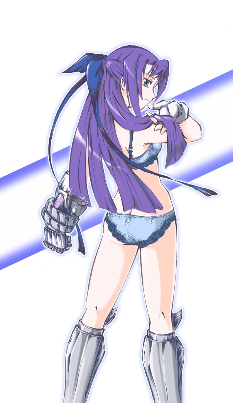 ass, blitz_caliber, boots, bra, butt_crack, fingerless_gloves, gauntlets, ginga_nakajima, gloves, green_eyes, hair_ribbon, highres, jason_(kaiten_kussaku_kikou), jiei_son, kneepits, lingerie, long_hair, lyrical_nanoha, mahou_shoujo_lyrical_nanoha, mahou_shoujo_lyrical_nanoha_strikers, panties, purple_hair, revolver_knuckle, ribbon, underwear
