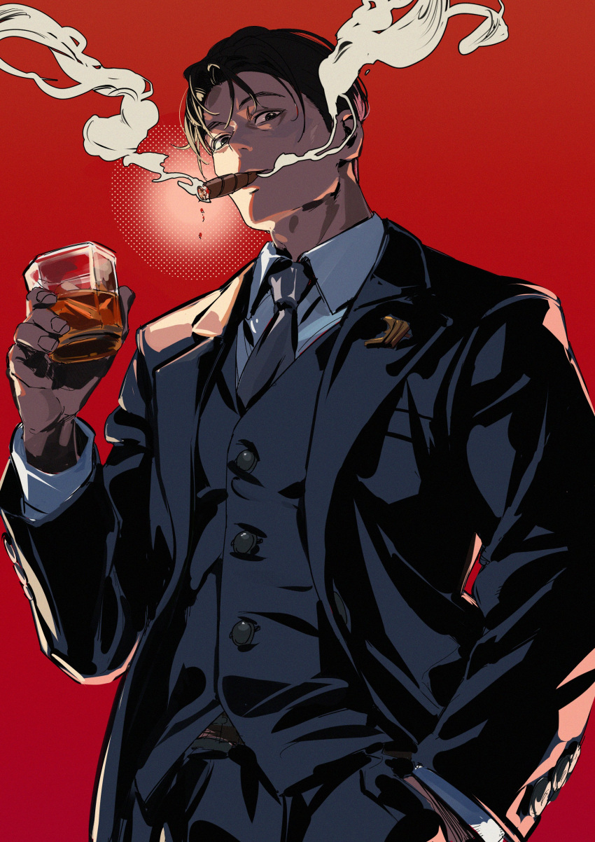 1boy, absurdres, black_hair, black_jacket, black_pants, black_suit, black_vest, bypos, cigar, collared_shirt, commentary_request, cup, drinking_glass, faceted_glass, formal_clothes, from_below, grey_necktie, hand_in_pocket, highres, jacket, looking_at_viewer, male_focus, necktie, open_clothes, open_jacket, original, pants, red_background, shirt, short_hair, smoke, smoking, suit, suit_jacket, vest, white_shirt