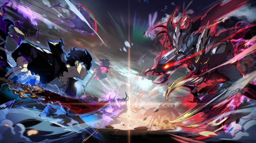 1boy, 6+others, armor, battle, beru_(solo_leveling), black_coat, black_hair, claws
