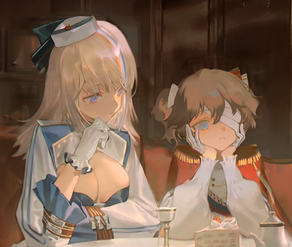 2girls, ai-generated, blonde_hair, blue_eyes, bow, breasts, cake, cape