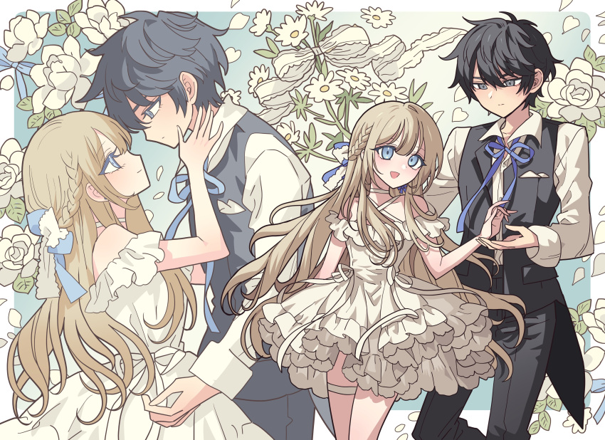 1boy, 1girl, absurdres, black_hair, black_pants, blonde_hair, blue_eyes, choi_jongsu