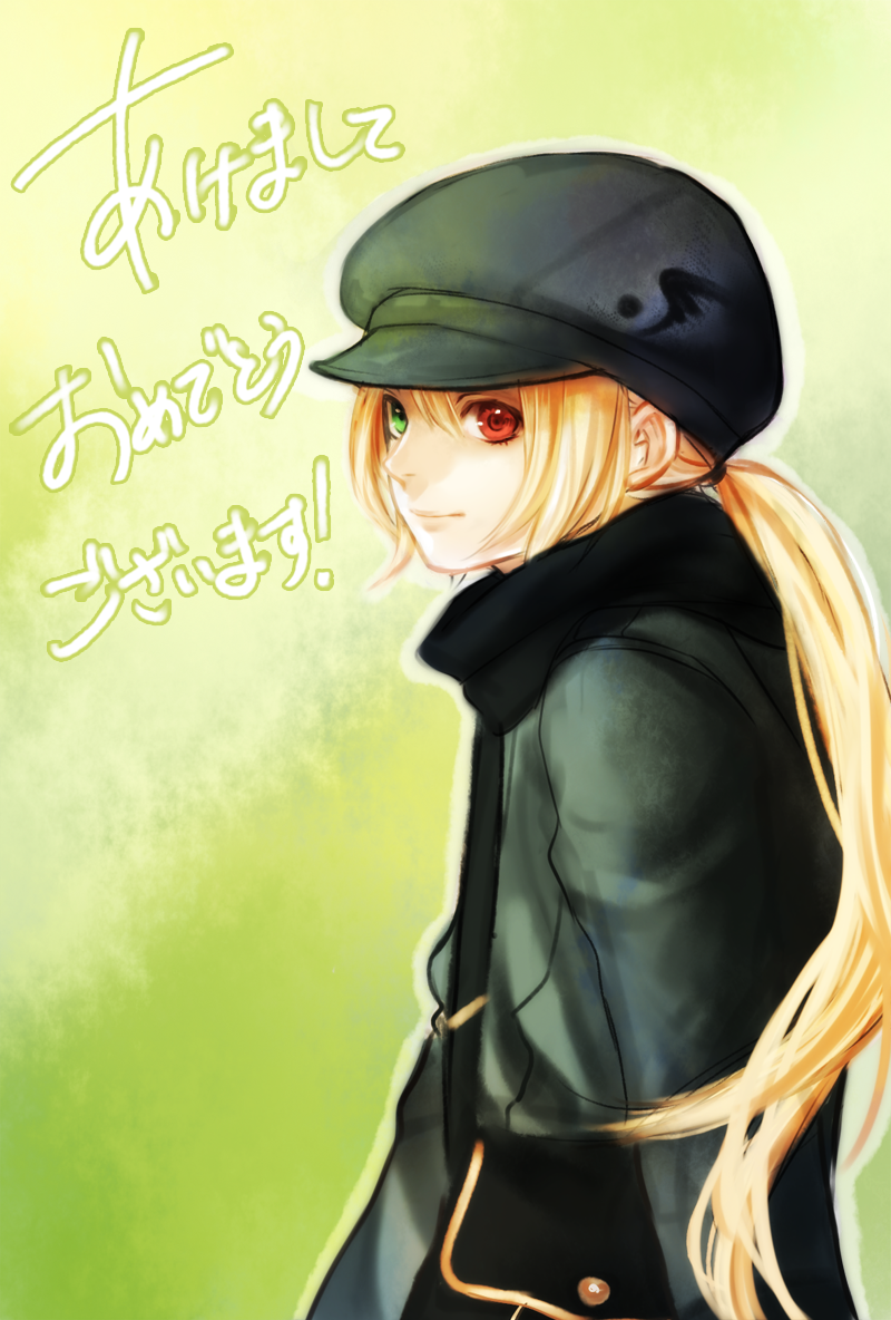 akeome, blonde_hair, casual, green_eyes, hat, heterochromia, long_hair, lyrical_nanoha