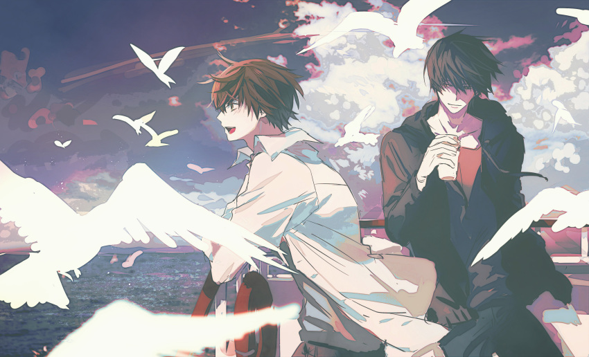 2boys, :d, absurdres, against_railing, bird, black_hair, black_jacket, blue_sky, boat, brown_hair, clouds, collared_shirt, cup, green_eyes, highres, holding, holding_cup, horizon, jacket, looking_afar, makurageee, male_focus, messy_hair, multiple_boys, ocean, on_boat, onodera_ritsu, open_clothes, open_jacket, railing, seagull, seaside, sekaiichi_hatsukoi, shirt, sky, smile, takano_masamune, watercraft, white_bird, white_shirt