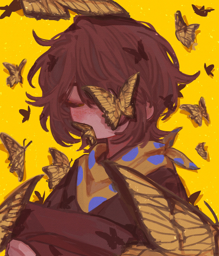 0601fuyu, 1other, absurdres, bandana, brown_hair, brown_shirt, bug, butterfly