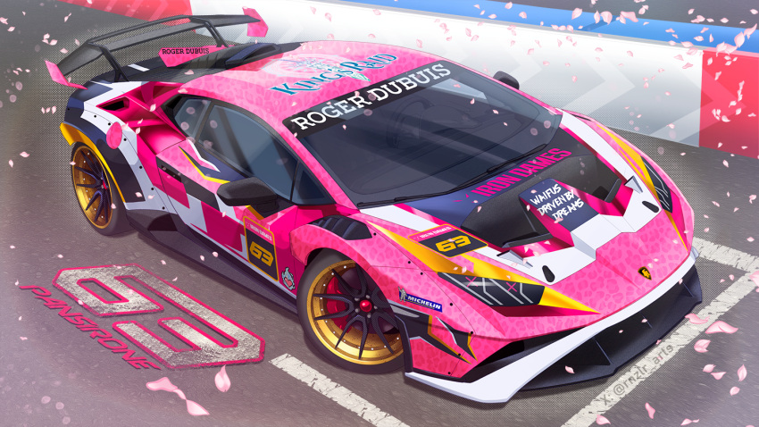 car, character_name, copyright_name, imrinzlergtz_art, iron_lynx, king's_raid, lamborghini, lamborghini_huracan, lamborghini_super_trofeo, michelin, michelin_man, motor_vehicle, no_humans, pink_car, race_vehicle, racecar, racetrack, shadow, spoiler_(automobile), sports_car, vehicle_focus