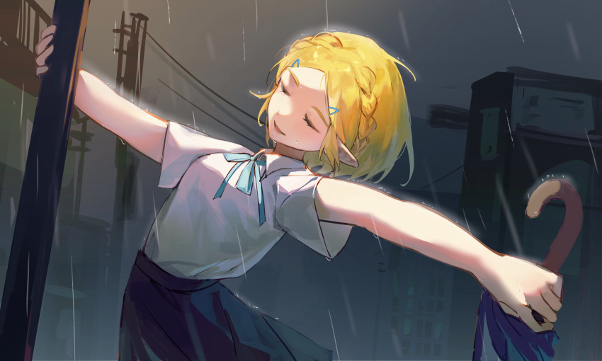 1girl, absurdres, alternate_costume, black_skirt, blonde_hair, blue_ribbon, braid, closed_eyes