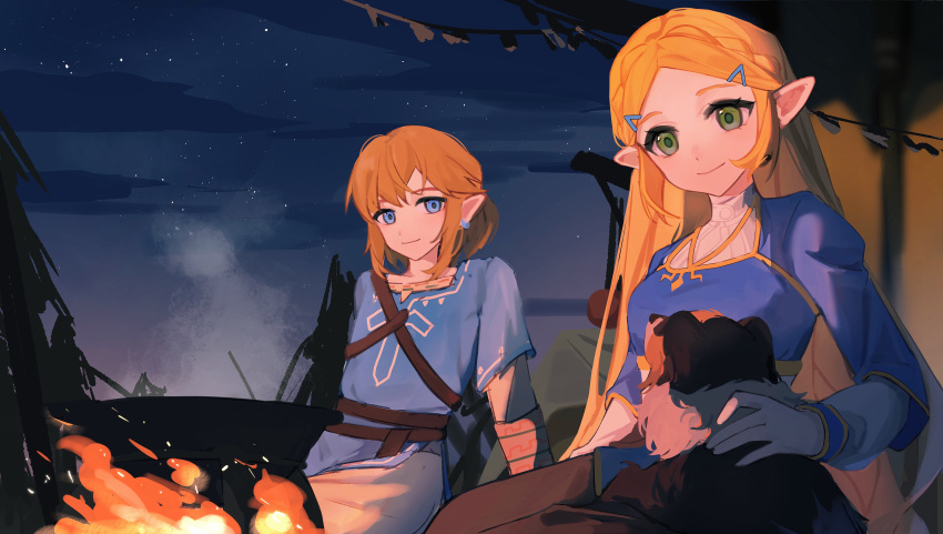 1boy, 1girl, absurdres, arm_support, belt, blonde_hair, blue_eyes, blue_tunic, brown_belt, brown_pants, campfire, champion's_tunic_(zelda), chinese_commentary, closed_mouth, commentary_request, dog, earrings, gold_trim, green_eyes, hair_ornament, hairclip, highres, jewelry, layered_sleeves, link, long_hair, long_sleeves, looking_at_another, night, night_sky, pants, parted_bangs, petting, pointy_ears, princess_zelda, short_hair, short_over_long_sleeves, short_sleeves, sitting, sky, smile, star_(sky), starry_sky, the_legend_of_zelda, the_legend_of_zelda:_breath_of_the_wild, tunic, yumiyumo3o