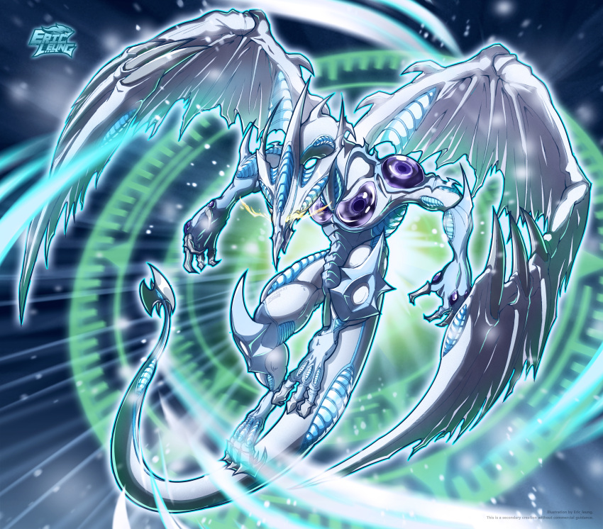 absurdres, artist_logo, blue_sky, blue_trim, dragon, dragon_tail, dragon_wings, duel_monster