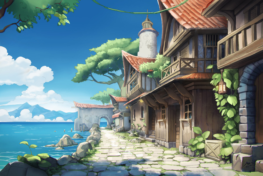 blue_sky, building, clouds, cloudy_sky, cobblestone, day, dock, highres