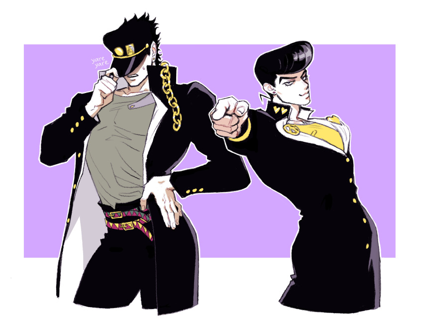 2boys, absurdres, belt, black_hat, black_jacket, chain, cropped_legs, diamond_wa_kudakenai